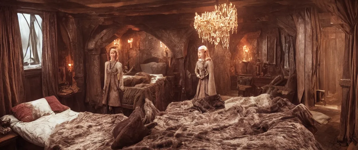 Image similar to movie still 4 k uhd 3 5 mm film color photograph of an sansa stark bedroom in winterfell