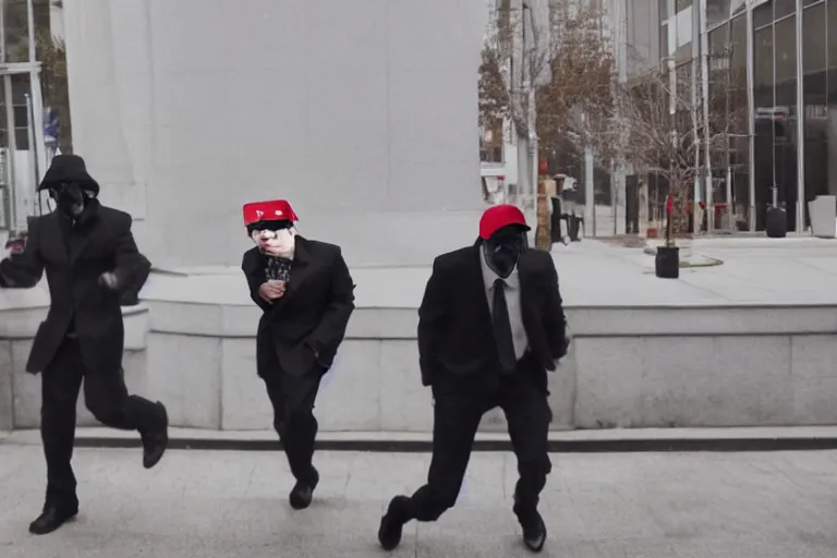 Image similar to dramatic cinematic bank robbers running out of bank wearing trump masks by Emmanuel Lubezki