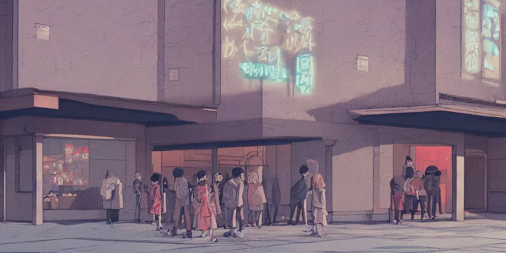 Prompt: loitering outside the old cinema, evening, hayao miyazaki, artstation