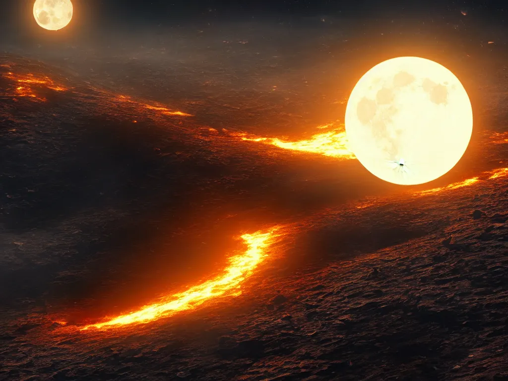 Image similar to wide shot of the moon falling out of orbit and crashing into earth, causing an fiery extinction-level event, 8k resolution, high detail, epic scale, trending on artstation