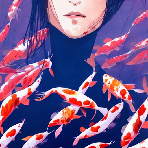 Image similar to a ultradetailed beautiful portrait panting of a stylish woman surrounded by floating koi fish, by conrad roset, greg rutkowski and makoto shinkai, trending on artstation