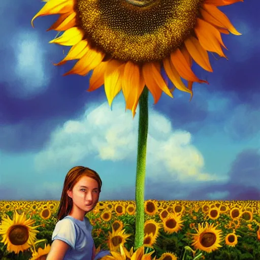 Image similar to giant sunflower head, portrait of girl in flower field, holding daisies, surreal photography, sunrise, impressionist painting, colorful clouds, digital painting, artstation, simon stalenhag, flower face