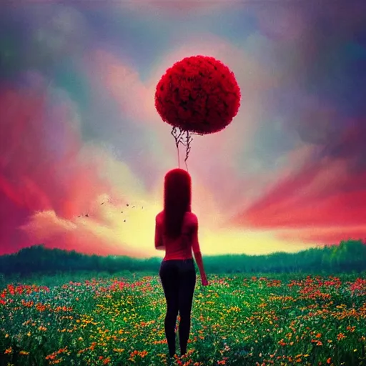 Image similar to giant red flower afro, full body, girl frontal in the middle of a field with flowers, surreal photography, hills, sunrise dramatic light, impressionist painting, colorful clouds, digital painting, pointillism, artstation, simon stalenhag