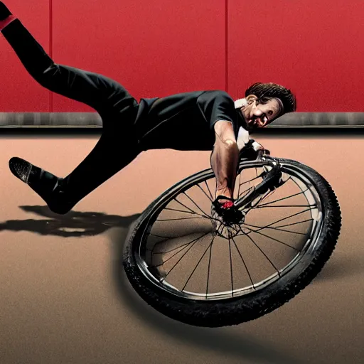 Prompt: Brian Limmond in a bike crash falling of his bike, blood, photorealistic