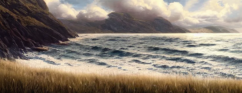 Prompt: grass - sea, dark cloudy sky, silver lining, most epic landscape. epic cinematic hyperrealism masterpiece. realistic poster with shaded lighting by craig mallismo, artgerm, jeremy lipkin and michael garmash, unreal engine, radiant light, detailed and complex environment, digital art, art station trends