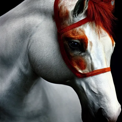 Image similar to painting of a glorious horse head, editorial fashion photography