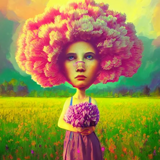 Prompt: giant carnation flower face, girl in a flower field, surreal photography, sunrise dramatic light, impressionist painting, colorful clouds, digital painting, artstation, simon stalenhag, flower face