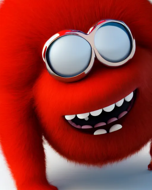 Prompt: 3 d render of completely red hairy friendly antropomorphic creature wearing chrome shades, no nose, shy grin with square teeth, full body, standing on 2 feet, in the style of pixar, white background, unreal engine 5, octane render, highly detailed hdr