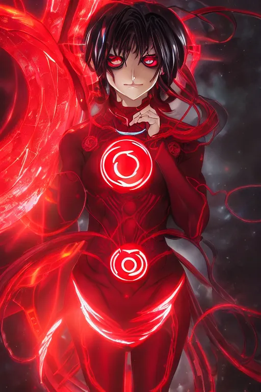 Image similar to anime key visual of a beautiful female red lantern!! intricate, red and black suit, glowing, powers, rage, anger, hate, dc comics, cinematic, stunning, highly detailed, digital painting, artstation, smooth, hard focus, illustration, art by artgerm and greg rutkowski and alphonse mucha