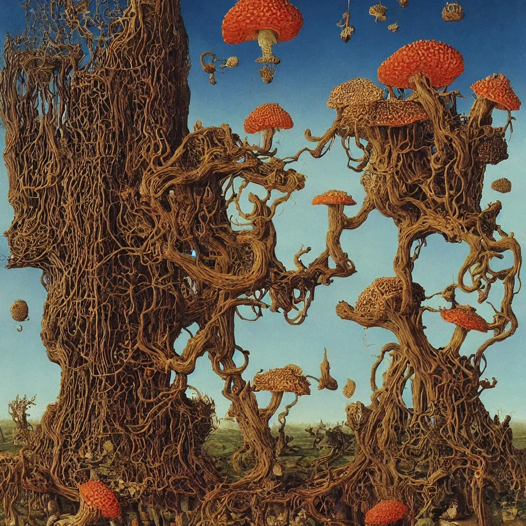 Prompt: a single colorful! ( lovecraftian ) fungus wooden tower white! clear empty sky, a high contrast!! ultradetailed photorealistic painting by jan van eyck, audubon, rene magritte, agnes pelton, max ernst, walton ford, andreas achenbach, ernst haeckel, hard lighting, masterpiece