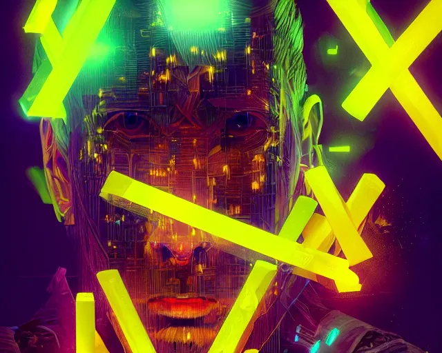 Prompt: fantasy portrait of wizard with neonyellow cubes, intricate abstract. intricate artwork, by greg rutkowski, wlop, beeple, dan mumford. concept art, octane render, trending on artstation, greg rutkowski very coherent symmetrical artwork. cinematic, key art, hyper realism, high detail, octane render, 8 k, iridescent accents