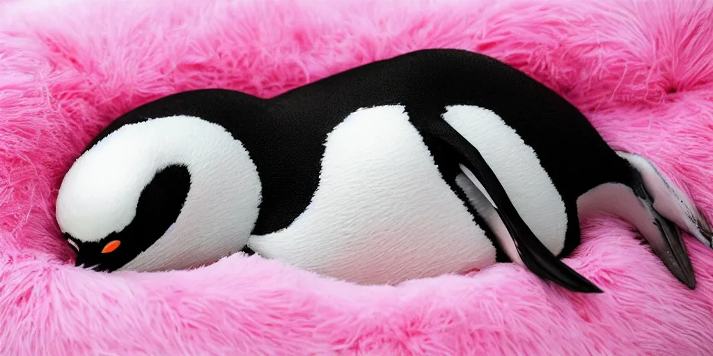 Prompt: realistic penguin sitting in a pink fluffy bed, hyper detailed, trending on artstation