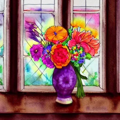 Image similar to a fancy vase with a colorful and beautiful flower arrangement by the fancy window. very stylize and delicate watercolor and pencil drawing. colors splashes. stains. 3 d. beautiful lighting, 4 k post - processing, trending in art station, cg society, view from far.