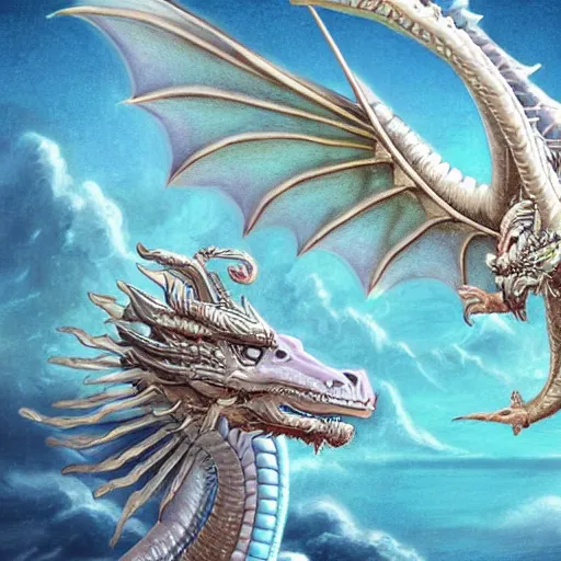 Image similar to dragon flying above the sea, perfect dragon anatomy, hyper realistic, pastel color, symmetrical, 4 k, highly ornate intricate details,