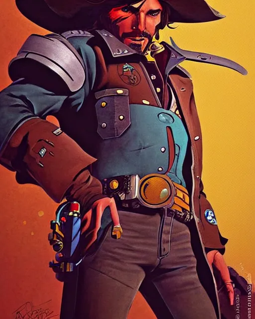 Image similar to mccree from overwatch, space cowboy, character portrait, portrait, close up, concept art, intricate details, highly detailed, vintage sci - fi poster, retro future, in the style of chris foss, rodger dean, moebius, michael whelan, and gustave dore