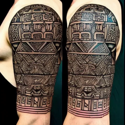 Image similar to intricate japanese mayan yakuza tattoo, geometric dark animal tattoo, tattoo on upper arm