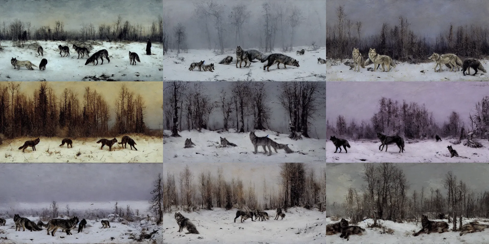 Prompt: landscape, winter, wolves, jozef chełmonski