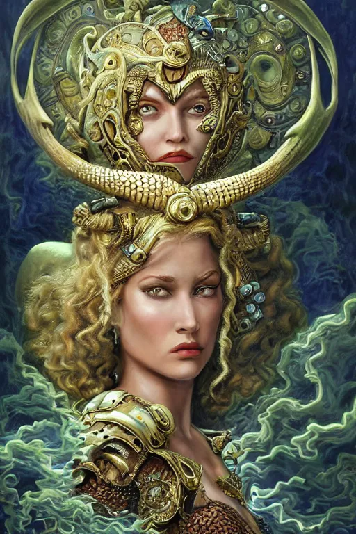 Image similar to Mystical Valkyrie, Portrait of a beautiful female Atlantean Reptilian Warrior, Realistic, Regal, Refined, Detailed Digital Art, Michael Cheval, Walt Disney (1937), François Boucher, Oil Painting, Steampunk, Highly Detailed, Cinematic Lighting, Unreal Engine, 8k, HD