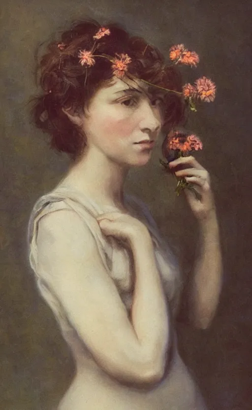 Image similar to portraiture!! of a woman! short brown hair! looking at us, flowers!!! in the hair, by thomas denenberg