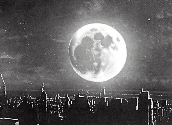 Image similar to vintage film still of the moon exploding over new york city in the 1 9 2 0 s from the old sci - fi movie