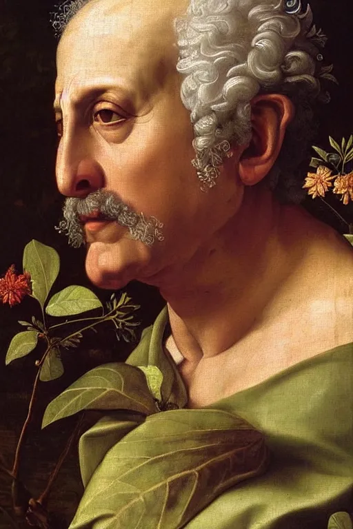 Image similar to renaissance painting of elder in the garden, closeup, short silver hair, a wise face, emotions closeup, dressed in roman armour, the beautiful garden with oak leaves everywhere, ultra detailed, art by Guido Reni style, Vincenzo Catena style