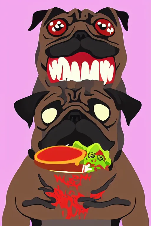 Image similar to demon pug eating flesh. art by samantha mash, sticker, colorful, illustration, highly detailed, simple, smooth and clean vector curves, no jagged lines, vector art, smooth