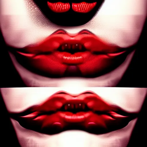 Prompt: lips sewn shut surrounded by red curtains by Conrad Roset and Nicola Samuri, close-up shot, rule of thirds, seductive look, beautiful, intricate, dystopian, sci-fi, extremely detailed, digital painting, artstation, concept art, smooth, sharp focus, illustration, intimidating lighting, incredible art, details visible, very dark ambiance