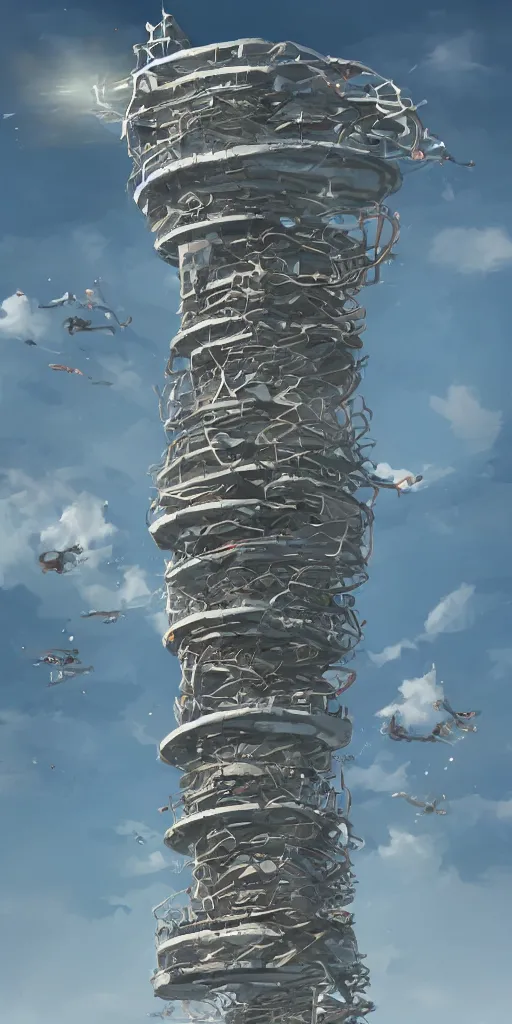 Image similar to concept art of a never - ending tower spiralling into the air