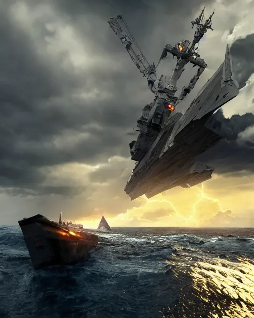 Image similar to scifi action scene of a fishing boat on stormy seas, a gigantic star destroyer spaceship flying overhead, the gigantic star destroyer spaceship is emerging from storm clouds, sunset lighting, stormy weather, dramatic lighting, unreal engine, hyper realism, realistic shading, cinematic composition, realistic render, octane render, detailed textures, photorealistic, ultrawide shot, 1 6 mm lens