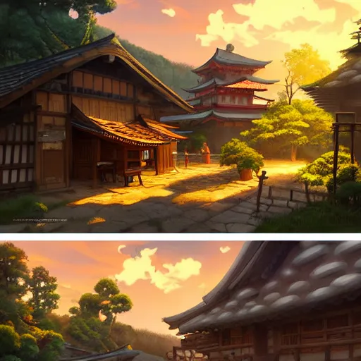 Image similar to concept art painting of a tavern with european and japanese architecture, in a small medieval village surrounded by trees, in a mountain valley, evening, sunset lightning, realistic, highly detailed, cel shaded, in the style of makoto shinkai and greg rutkowski and james gurney