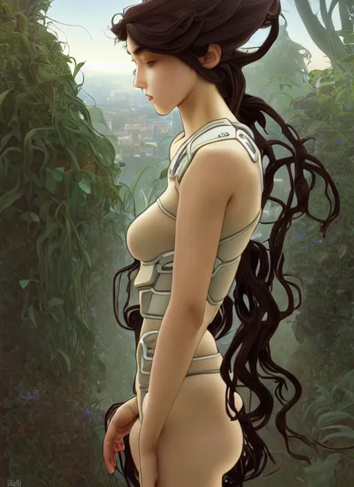 Image similar to young mysterious girl with long curly hazelnut hair, perfectly proportioned face, brown eyes, strong jawline, natural lighting, path traced, highly detailed, high quality, cartoon, digital painting, by new haicheng and studio ghibli and alphonse mucha wearing an alien armor designed by h. r. giger