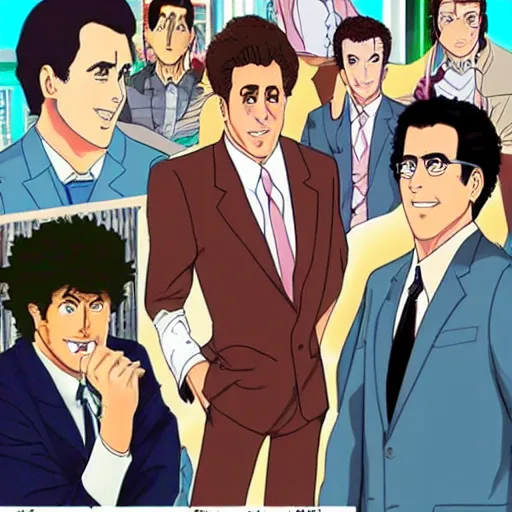 Prompt: Seinfeld tv show in anime art style, very detailed