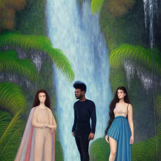 Image similar to a ultradetailed beautiful painting of lorde, frank ocean, the weeknd and lana del rey standing in front of the diamonds waterfall in the amazonas palace balustrade designed by jules bastien - lepage, tarsila do amaral, frank weston and gustave baumann, beach, trending on artstation, mediterranean, palm trees, sharp focus, soft light, 8 k 4 k