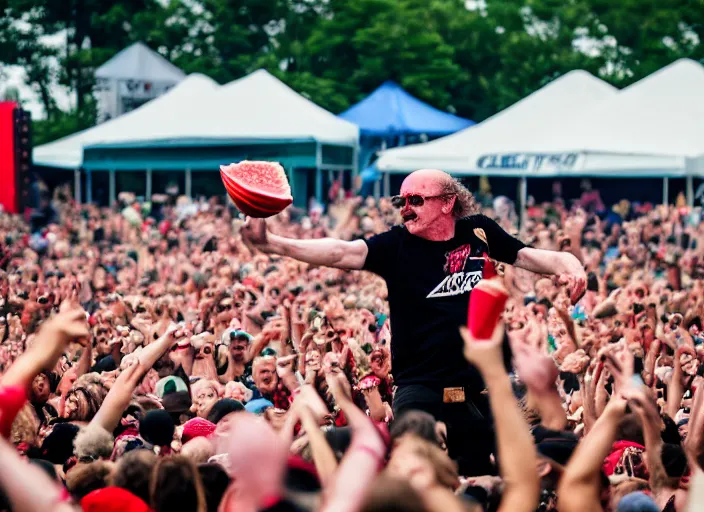 Prompt: photo still of gallagher at vans warped tour!!!!!!!! at age 5 5 years old 5 5 years of age!!!!!!! throwing watermelons at a crowd, 8 k, 8 5 mm f 1. 8, studio lighting, rim light, right side key light