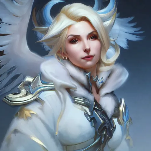 Image similar to Closeup of Mercy from Overwatch, D&D, fantasy, intricate, elegant, highly detailed, digital painting, artstation, concept art, matte, sharp focus, illustration, hearthstone, art by Artgerm and Greg Rutkowski and Alphonse Mucha