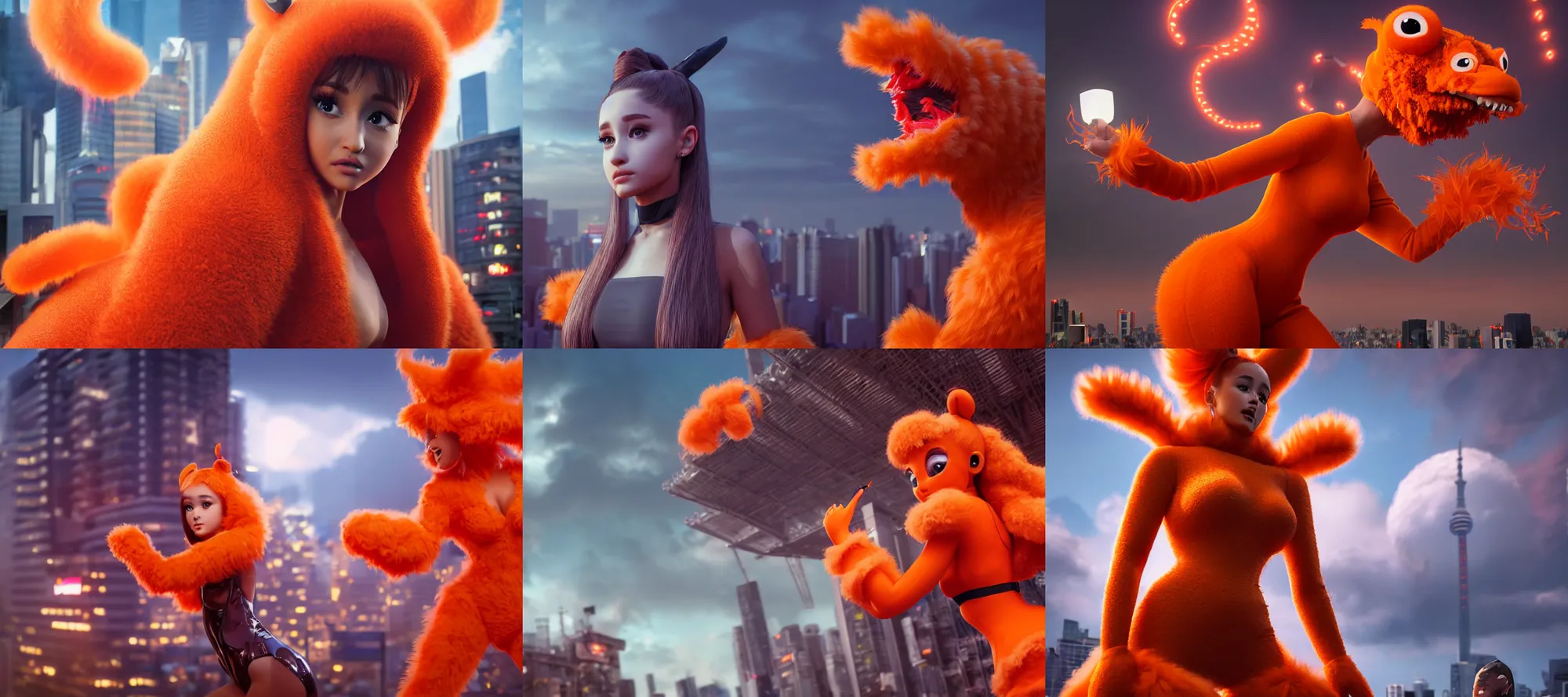 Prompt: ultrarealistic giant ariana grande wearing orange monster chicken suit in tokyo by yusuke murata, octane render, substance painter, movie action still frame, cinematic lighting, volumetric lighting, extreme intricate details, artstation, dnd art, cgsociety, sharp focus, ultra wide angle, digital painting by artgerm, gerald brom, wlop