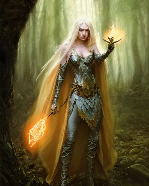 Image similar to blonde sorceress with a cloak and fantasy armor casting a spell in the forest, fantasy character portrait, ultra realistic, concept art, intricate details, highly detailed by greg rutkowski, gaston bussiere, craig mullins, simon bisley