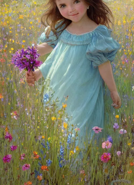 Prompt: a cute little girl with a round cherubic face, blue eyes, and short wavy light brown hair smiles as she stands in a field of colorful wildflowers. she is wearing a turquoise dress and holding a bouquet of wildflowers. beautiful painting by artgerm and greg rutkowski and alphonse mucha