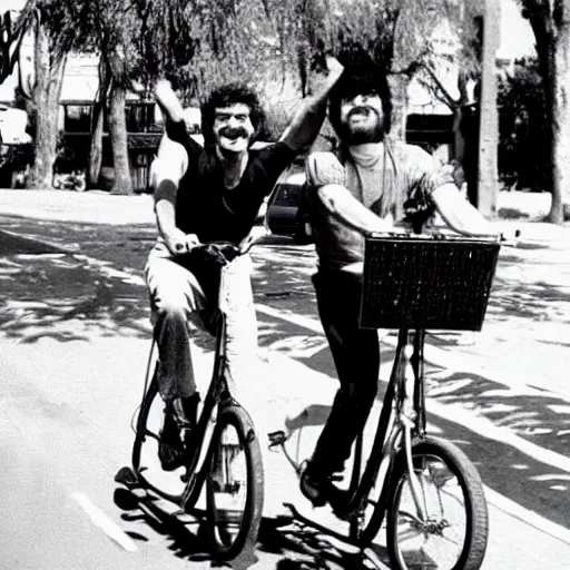 Prompt: Timothy Leary riding a tandem bike with Terence McKenna