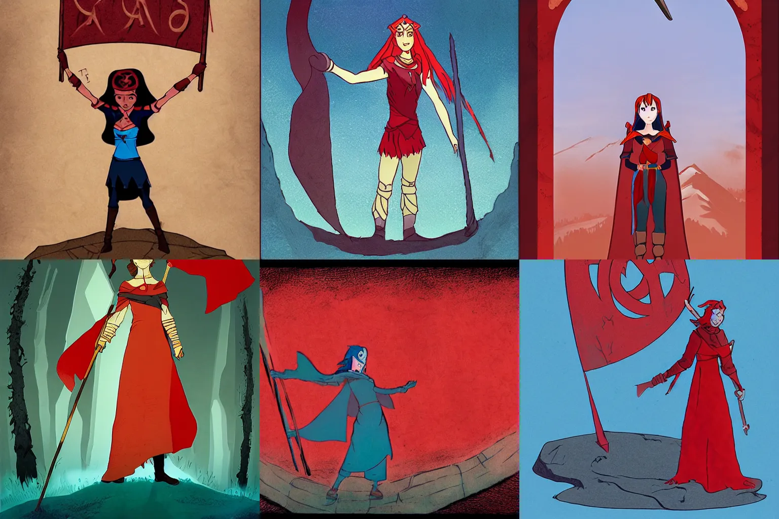 Prompt: Alette from Banner Saga standing in front of giant a rune stone, holding an extremely long red banner, nordic, close-up, epic, melancholic, perfect face, concept art, illustration, cover art, art by Eyvind Earle and Ralph Bakshi and Don Bluth