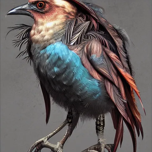 Prompt: a painting of a bird with intricate designs, cyberpunk art by marco mazzoni, featured on zbrush central, fantasy art, made of feathers, steampunk, rococo