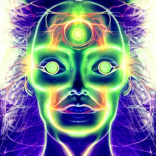 Image similar to three three eyed humanoids, third eye middle of forehead, wide wide shot, hairy bodies, vivid colors, thin wires, beautiful lighting