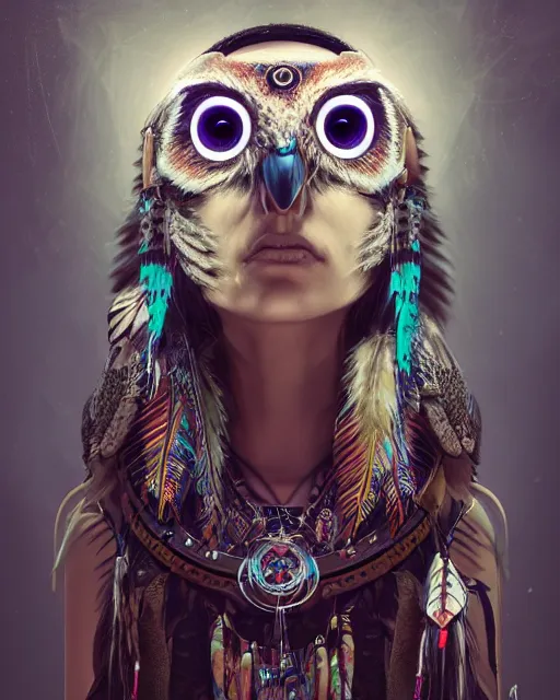 Prompt: Beautiful art portrait of a cyberpunk native american female owl shaman with owl mask in a temple, cyberpunk aesthetic, atmospheric lighting, intricate detail, cgsociety, hyperrealistic, octane render, RPG portrait, ambient light, dynamic lighting,