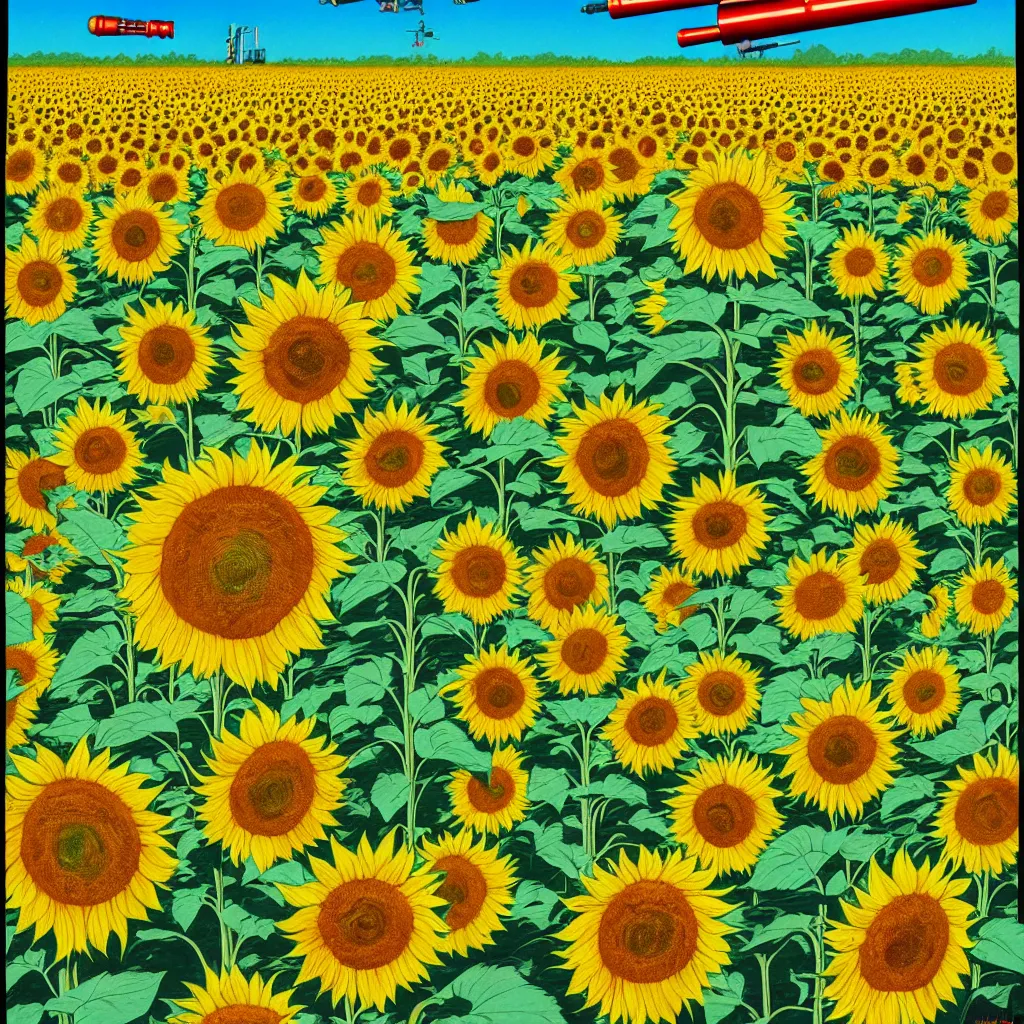 Prompt: A Communist Propaganda Poster of a sunflower field with a large missile in the center of the image.