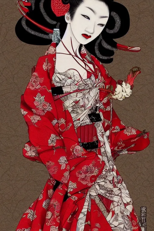 Prompt: emaciated japanese bjd geisha in victorian red dress in the style of dark - fantasy rorita fashion painted by yoshitaka amano, takato yamamoto, james jean, dmt art, symmetrical vogue face portrait, volumetrics, intricate detail : 8 artstation : 9 cgsociety, artgerm, gold skulls, rococo : 1 1