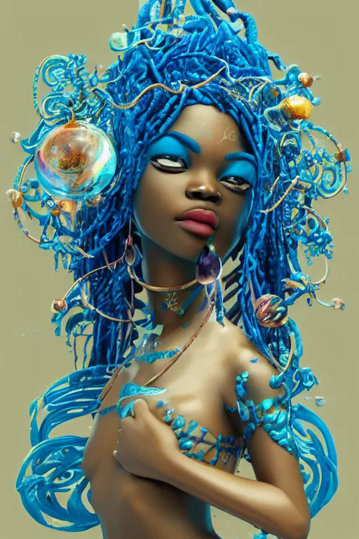 Prompt: epic 3 d yemaya, caring african goddess, liquid fish and flowers spinning, 2 0 mm, with cerulean and white foam melting smoothly into asymmetrical bubbles and seashells, liquid, delicate, intricate, houdini sidefx, trending on artstation, by jeremy mann and ilya kuvshinov, jamie hewlett and ayami kojima