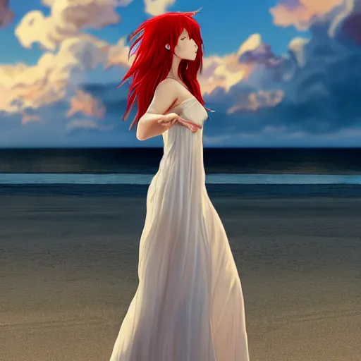 Image similar to octane render panoramic shot of a beautiful anime girl in a long white dress on a beach. Red hair, dramatic lighting, trending on artstation. Pixiv, Hyperdetailed, Ultra HD, WLOP, Rossdraws, James Jean Marc Simonetti, Ruan Jia and Mandy Jurgens and Artgerm and William-Adolphe Bouguerea, Sakimichan, Yuru camp, Illustration, digital art, concept art, manga cover