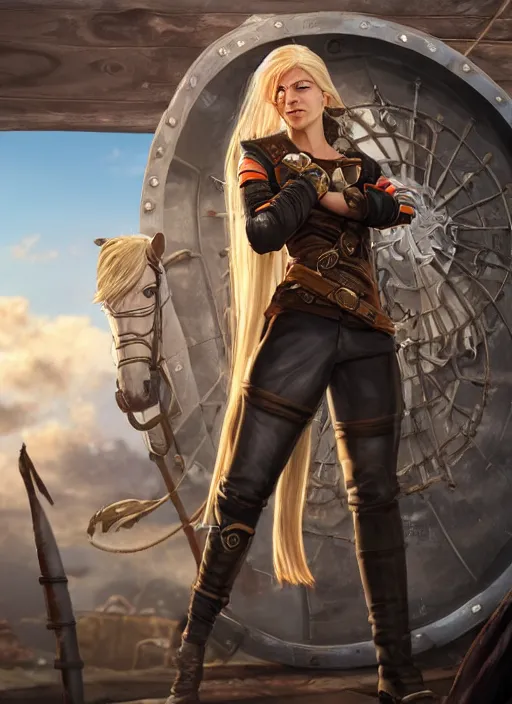 Image similar to An epic fantasy comic book style portrait painting of tall blonde haired female sky-pirate with a serious face and a pony tail in front of a metal gangplank in the style of the wheel of time, unreal 5, DAZ, hyperrealistic, octane render, cosplay, RPG portrait, dynamic lighting