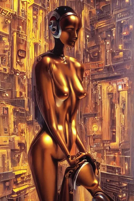 Prompt: a highly detailed retro futuristic female manikin made out of pasta standing in a dank alleyway from blade runner, a robot made out of pasta, arms and legs made out of spaghetti, body made out of spiral macaroni, beautiful highly symmetric face, painting by Peter Andrew Jones and Greg Hildebrandt