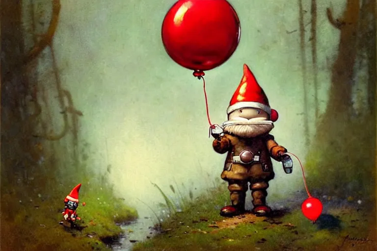 Image similar to adventurer ( ( ( ( ( 1 9 5 0 s retro future robot android mouse and knome holding a red balloon. muted colors. swamp mushrooms island, lillie pads ) ) ) ) ) by jean baptiste monge!!!!!!!!!!!!!!!!!!!!!!!!! chrome red